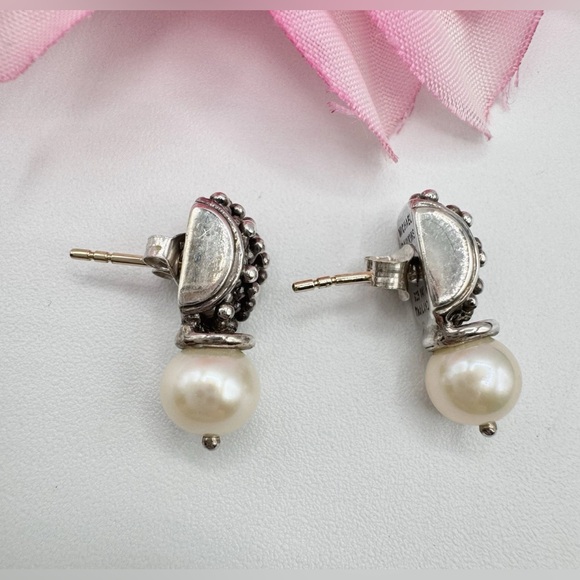 Michael Dawkins Caviar 925 Sterling Silver 14K Gold Posts Pearl Drop Earrings - Picture 4 of 9